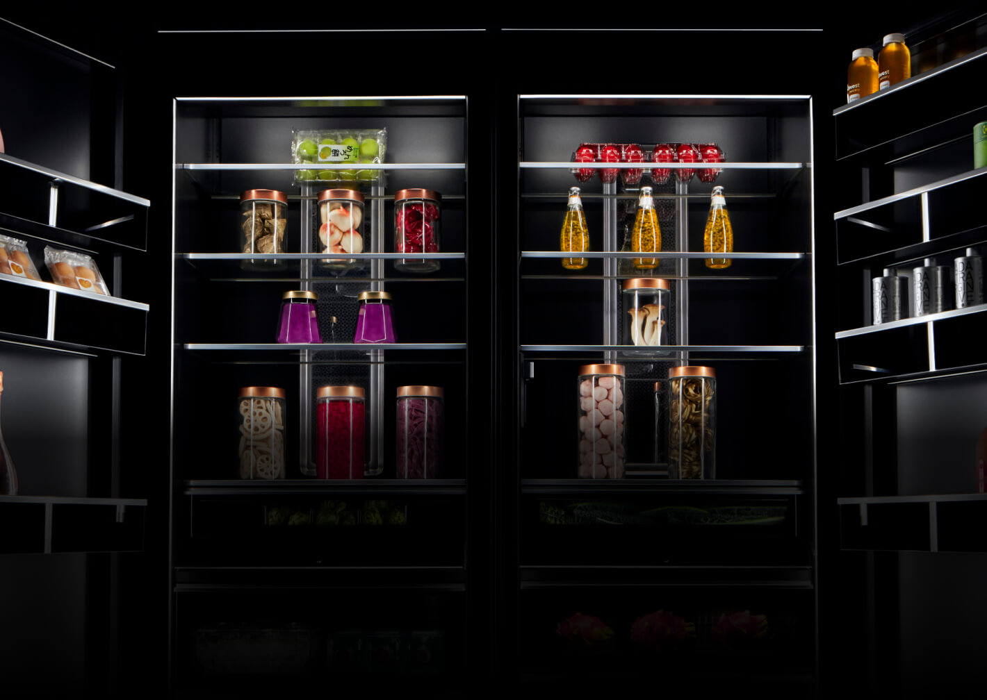 An open pair of columns stocked with colorful foods and ingredients.